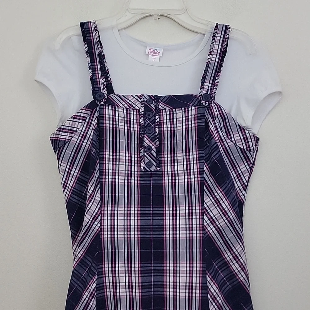 Justice Blue, Pink & White Plaid Jumper Dress 16